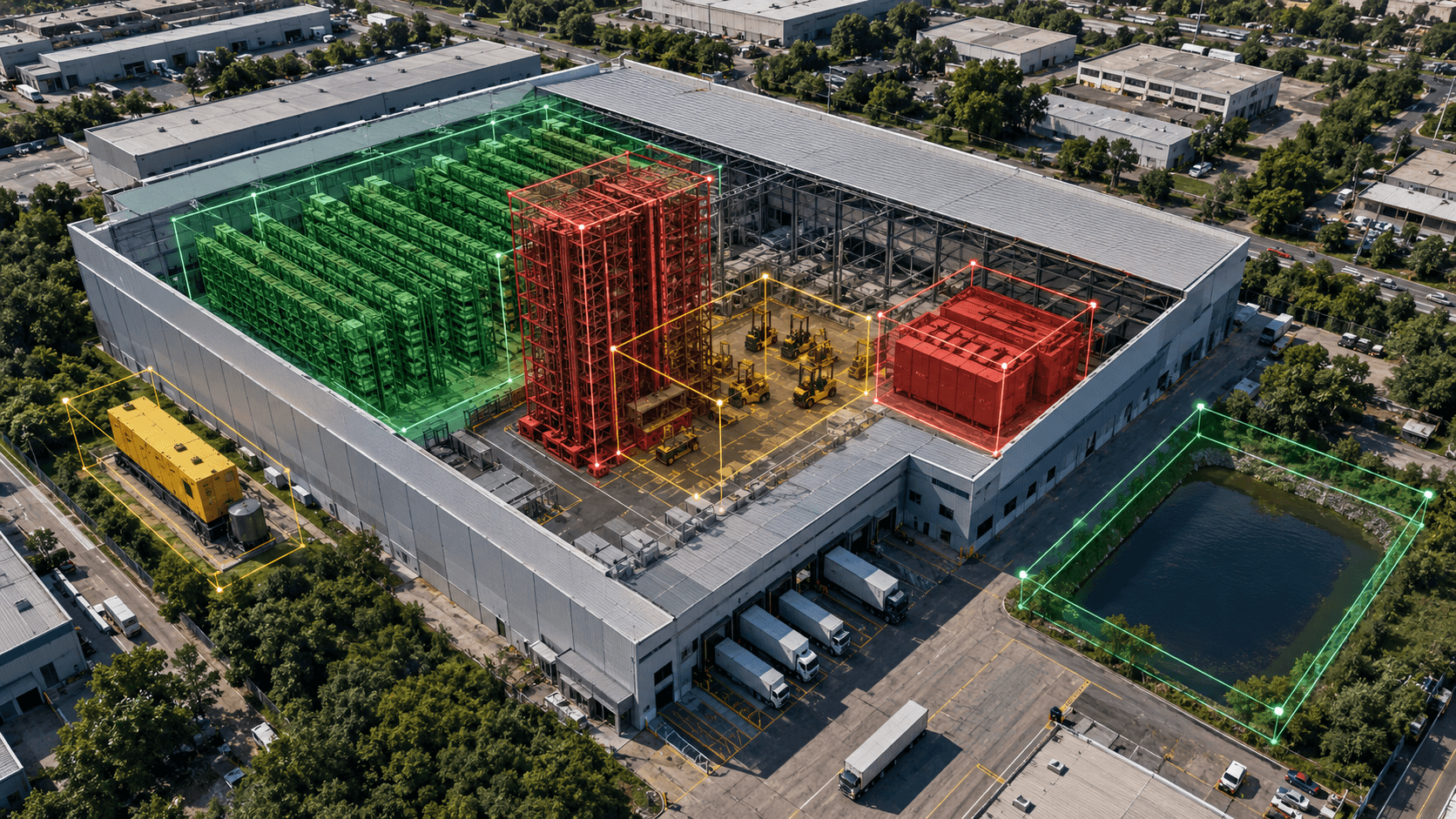 Warehouse digital twin mid-scan with measurement boxes on its components, coded by criticality