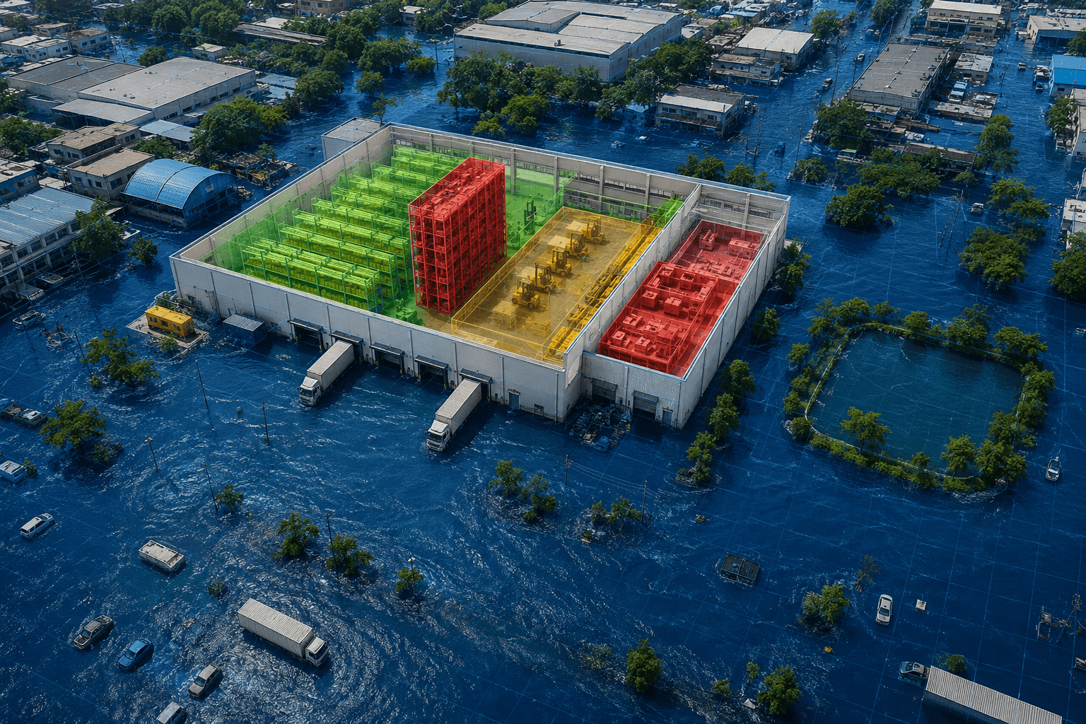 High-resolution flood simulation pooling around the warehouse footprint
