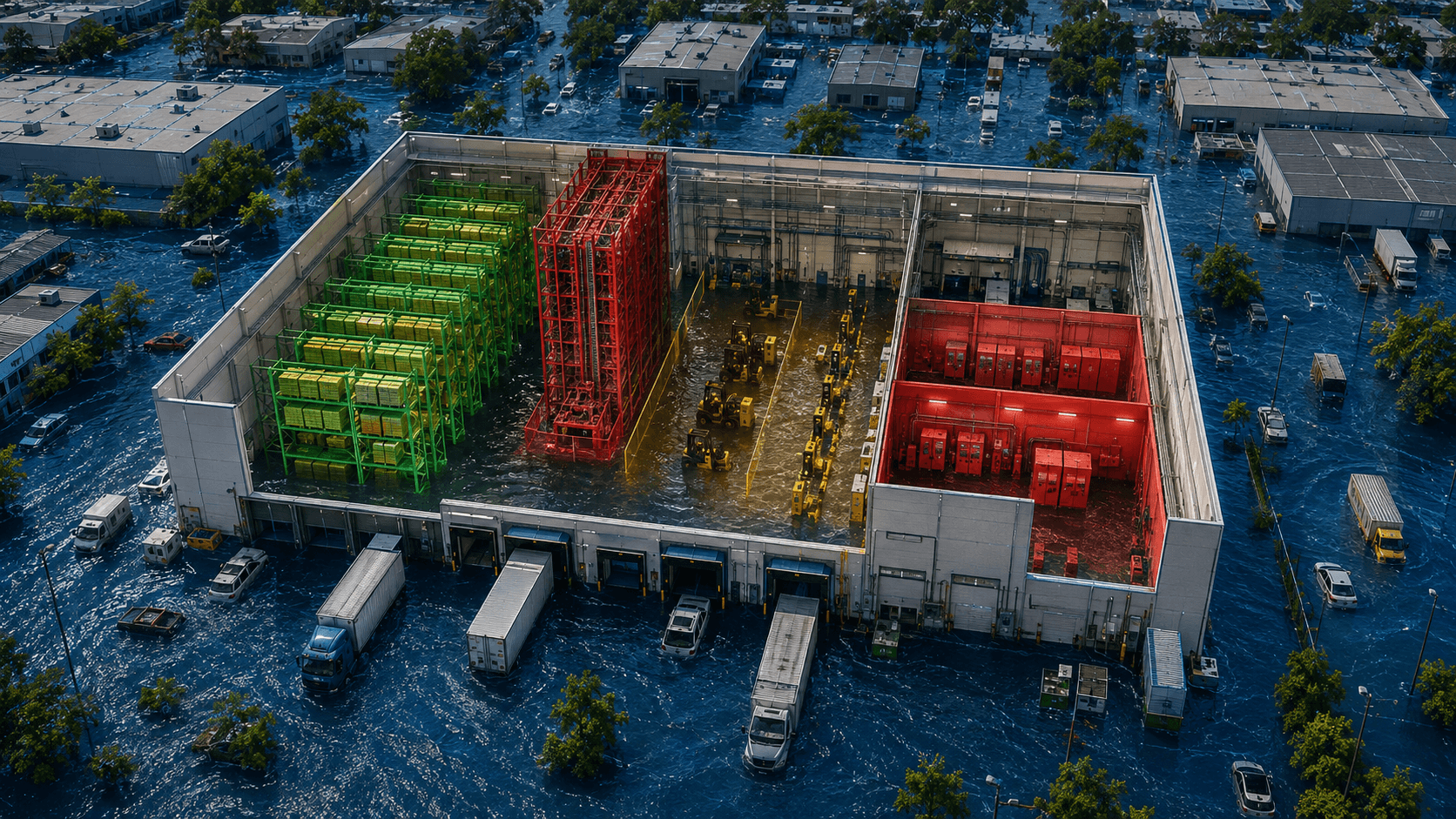 Flooded dollhouse cutaway of the warehouse, components lit red, amber and green at the waterline